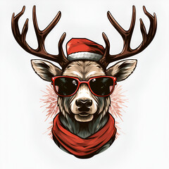 Wall Mural - Holiday Christmas, cool hipster reindeer with sunglasses, illustration vector style