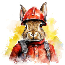 Watercolor Hare, Isolated, Watercolour Image In Hare Fireman Style, Colourful Saturated Image, Clipart On White Background