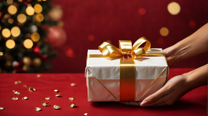 Woman hands holding elegant present gift box with golden ribbon on red background with gold bokeh
