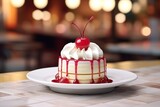 small gourmet cake with cream and cherry on top on a plate in a restaurant. Appetizing dessert in a pastry shop