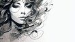 black and white illustration of a woman's face with long hair blowing in the wind forming curls in line art style on white background