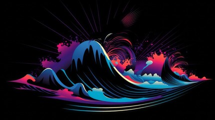 Multicolored Japanese wave on a black background with space for text and custom graphics