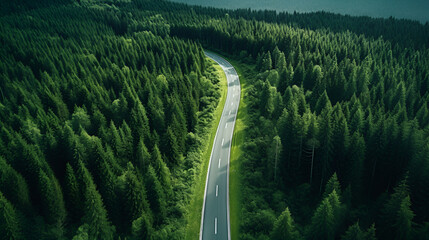 top down drone shot of a S curved road throug a beautiful green forest