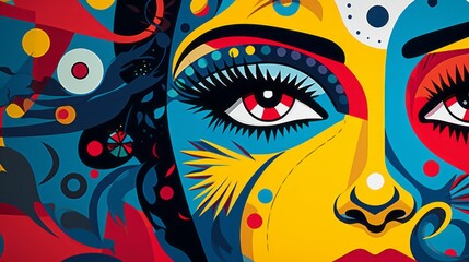  Graphic illustration of a woman's face in pop art style on a blue background with space for text and customizable graphic elements