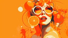 Face Of  Woman With Big Glasses And Orange Fruits In Skeuomorphism Style On Tangerine Background