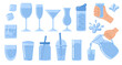 © Marta Sher - Water set. Drinking water in different plastic and glass glasses, goblet, decanter. Water drops, ice cubes and splash. H2O. Vector illustration in doodle style