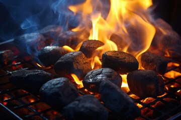 Wall Mural - barbecue with fire and smoke on black background, close-up, Barbecue grill pit with glowing and flaming hot charcoal briquettes, close-up, AI Generated