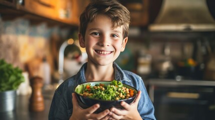 Wall Mural - A cheerful young boy smiling while holding a bowl filled with a nutritious mixture of quinoa, avocado, chickpeas, and assorted vegetables