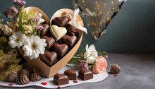 Candy's In Box Form Of A Heart, Valentine's Day Composition With Flowers And Chocolates.