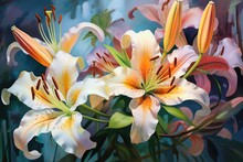 Beautiful Lily Flowers On A Green Background. Vector Illustration, Beautiful Botanic Lily Flower Oil Paint Illustration, AI Generated