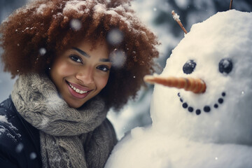 Canvas Print - New year Christmas leisure time people making funny snowman outdoors frosty day Generative AI