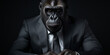 © sumia - A close-up photo of a fierce and intense gorilla staring into the distance background with empty space for text Gorilla in a suit and bow tie at the wedding ceremony.AI Generative