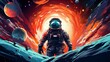 illustration of an astronaut with many bright colors walking