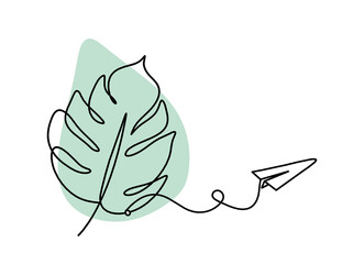 Abstract color leaf with paper plane as line drawing on the white