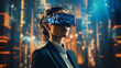 Explore the future and alternate reality with a businesswoman's VR glasses journey.