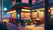 a beautiful japanese tokyo city ramen shop restaurant bar in the dark night evening house at the street anime cartoonish art style cozy lofi asian architecture 16 9 4k resolution generative ai