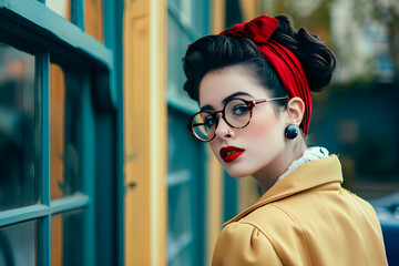 Wall Mural - portrait of beautiful woman wearing 50s style fashion clothes