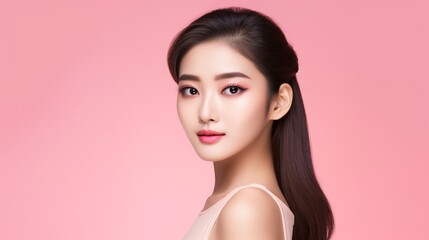 A youthful Asian woman with a Korean-inspired makeup look and smooth complexion poses against a solid pink background, showcasing her flawless skin and pulling back her hair.