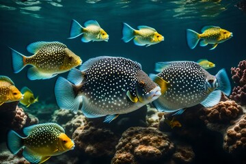 A group of pufferfish puffing up in defense