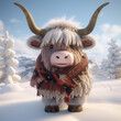 Vaca peluda fofa com roupas de inverno na neve - Ilustração de personagem 3D