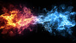 Magic power fire and ice, lights effects, isolated, black background,