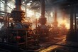 A steam engine is pictured inside of a factory. This image can be used to depict industrial machinery or the history of manufacturing