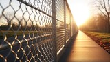 Fototapeta  - A beautiful sunset with the sun setting behind a chain link fence. Perfect for illustrating concepts of freedom, barriers, and transition.