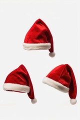 Three red Santa hats on a white background. Perfect for Christmas-themed designs and holiday promotions