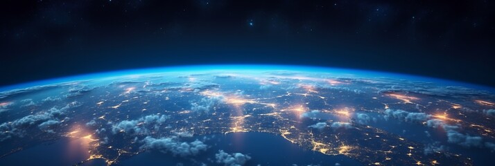 Wall Mural - A panoramic view of Earth from space is decorated with glowing city lights