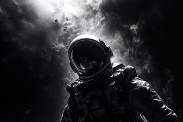 Wall Mural - a man wearing a space suit stands in front of a dramatic cloudy sky. this image can be used to depic