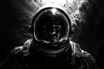 Canvas Print - a black and white photo capturing a man wearing a space suit. this image can be used to depict space