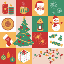 Mosaic Seamless Pattern With New Year, Christmas Elements. Geometric Background With Holiday Symbols. Design For Greeting Card, Wrapping Paper Or Poster