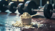 A measure scoop filled with whey protein powder. - sporting protein shot in the gym.