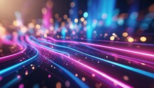3d Render Abstract Background With Pink Blue Neon Lines Glowing In Ultraviolet Light And Bokeh Lights Data Transfer Concept Digital Futuristic Wallpaper
