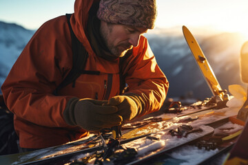 Sticker - A man wearing a vibrant red jacket and holding a pair of skis. This image can be used to depict winter sports and outdoor activities