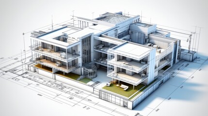 architecture of a 3d model house project with blueprint