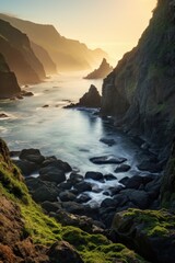 Canvas Print - A picturesque view of the ocean from a rocky cliff. Ideal for travel and nature-related projects