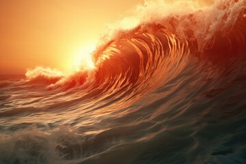 Poster - A powerful and majestic wave crashing in the ocean at sunset. Perfect for capturing the beauty and strength of nature. Ideal for use in travel, nature, and adventure-related projects