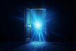 Light from the open door of a dark room, attractive hypnotic light tentacles, abstract mystical glowing exit. Open door template, background, mock up