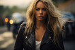 biker girl with flowing blonde hair and leather jacket

