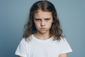 Wall Mural - A young girl with long brown hair wearing a white t-shirt. Suitable for various applications