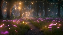 An Amazing Magical Night Fairy Forest Full Of Mystical Lights, Fireflies And Fairies.