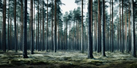 Wall Mural - Mysterious forest landscape with fog and dark shadows, creating a magical and enchanting atmosphere at dawn.