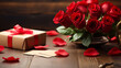Red roses with cards and hearts on top of a wooden table. Valentines day advertisement concept