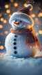 Um boneco de neve com cachecol e touca em uma noite fria com luzes ao fundo.