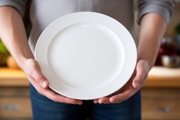 Front view of an empty plate held by the hands of a man