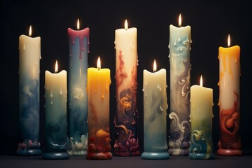 Wall Mural - Lighted candles of different sizes and colors