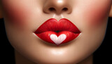 A makeup concept of a Valentine's Heart Kiss on the Lips. The image features beauty, and sexy lips with heart shape paint, symbolizing love 