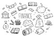 Set of money and banking related objects and elements. Hand drawn doodle illustration collection isolated on white background. Finance doodle set