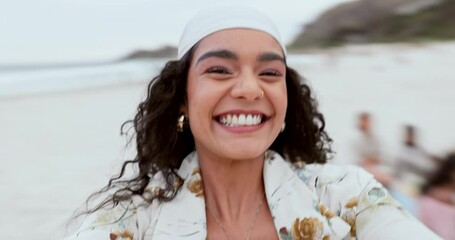 Canvas Print - Pov, beach and woman with vacation, smile and spin with weekend break, journey and excited. Face, person or girl with happiness, outdoor or adventure with joy, seaside or energy with travel or summer